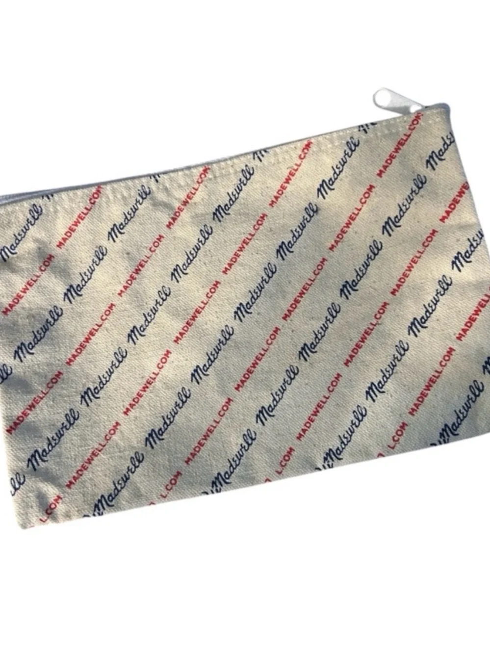 Madewell Cream Canvas Pouch with Red & Navy Logo Script for makeup or anything